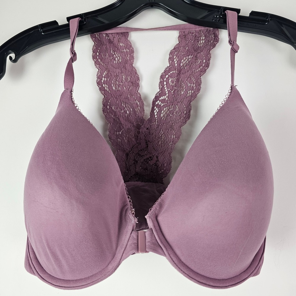 Victoria's Secret Perfect Coverage Front Close Lace Racerback Bra Mauve 32DDD